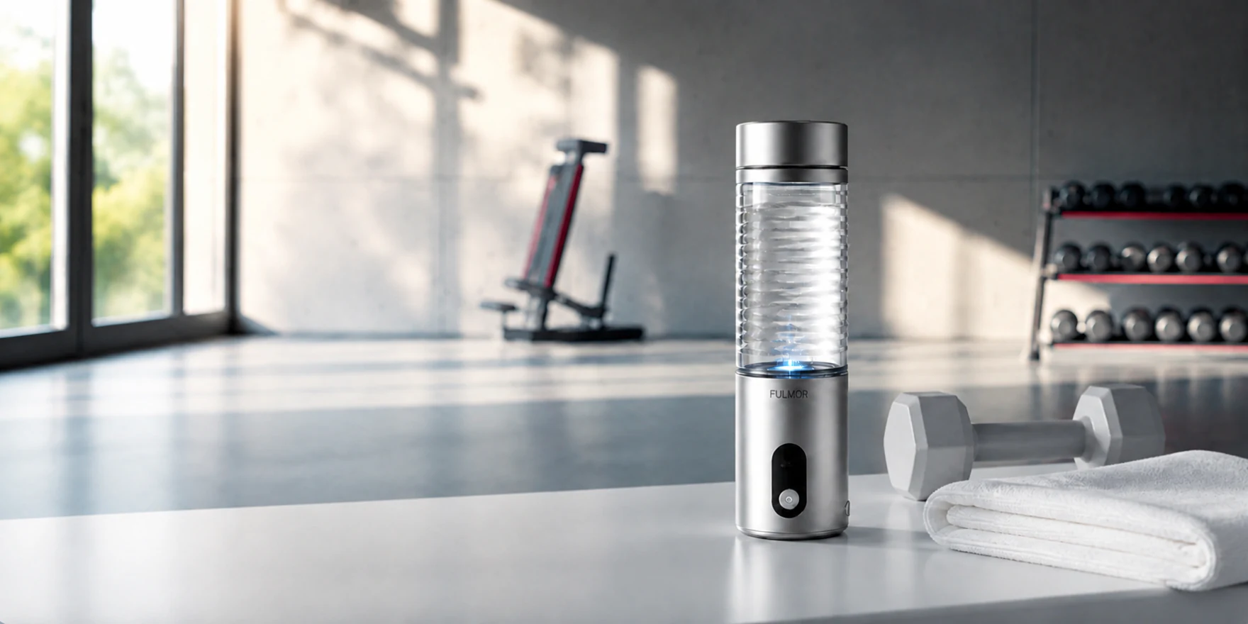 Fulmor bottle beside a towel and dumbbells in a sunlit gym
