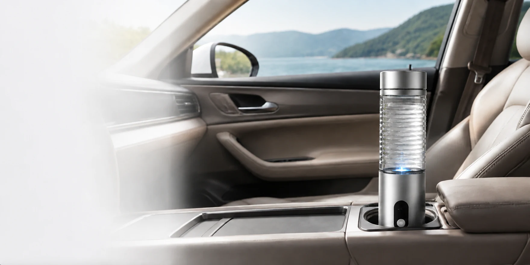 Fulmor bottle upright in a parked car’s cup holder beside a lakeside view