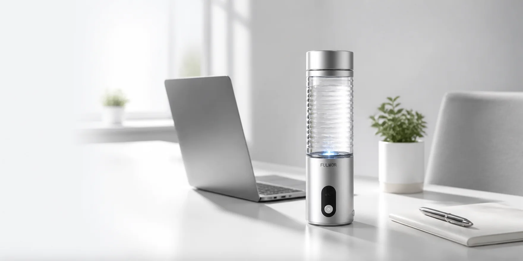 Fulmor bottle beside a laptop and notebook on a bright work desk