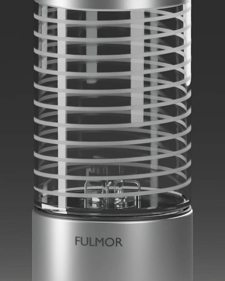 Studio rendering of the glass chamber and satin spiral finish