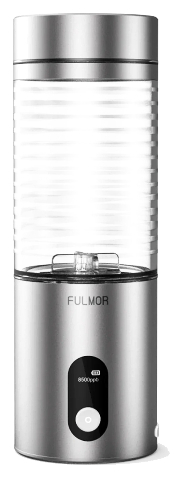 Fulmor hydrogen water bottle shown in full on a cool silver background